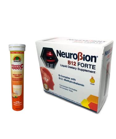 Neurobion B12 Forte Liquid Dietary Supplements 10 viales + Sunlife Vitamin C 1000 mg Orange Flavor Immune System Support 20 Tablets