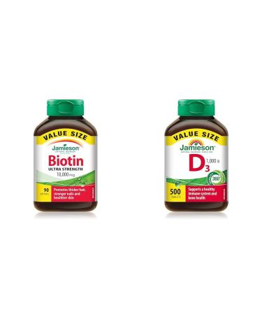 Jamieson Biotin 10 000 mcg Ultra Strength Softgels - Value Size Gluten-free 90 Count (Pack of 1) & Vitamin D 1 000IU 500 Tablets Biotin + VITAMIN DR02223-157