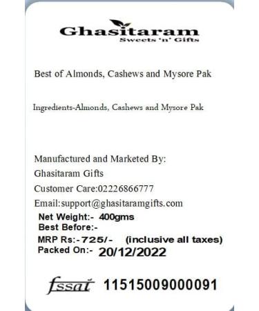 Ghasitaram Gifts Diwali Gifts - Best of Almonds Cashews and Mysore Pak |Diwali Holi Rakhi Valentine Christmas Birthday Anniversary Gift for Her Him Mothers Day Fathers Day| Best of 3 Almonds Cashews and Mysore Pak - Buy Online on GoSupps.com