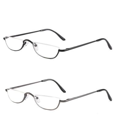KoKoBin Half Reading Glasses - 2 Pairs Half Rim Metal Frame Glasses Spring Hinge Readers for Men and Women, Black+Gunmetal 2.50 Black+gunmetal 2.5 x