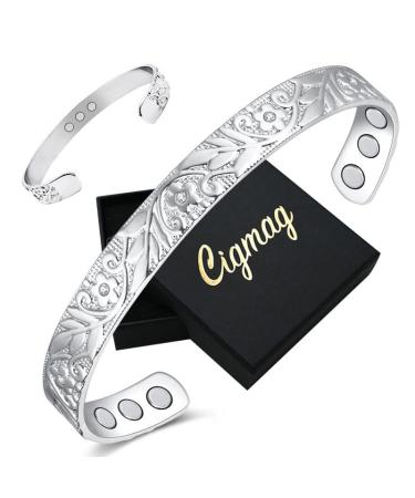 Cigmag 9X Lymphatic Drainage Copper Magnetic Bracelet for Women 99% Solid Pure Copper Ultra Strength Magnet Adjustable Brazaletes Cuff Bangle with Gift Box (Silver Crystal Plum Pattern) Crystal Plum Silver