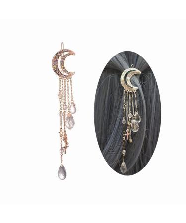 Romantic Rhinestone Crescent Moon Star Charm Hair Clips  Crystal Beads Tassel Drop Hair Pins Chain Hairpin for Women Girls Bridal Jewelry Hair Accessories (Rose Gold)