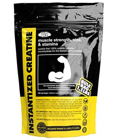 Instantized Creatine Monohydrate Gains in Bulk, Worlds First 100% Soluble Creatine for Strength, Performance, and Muscle Building (100 Servings) 1.1 Pound (Pack of 1)