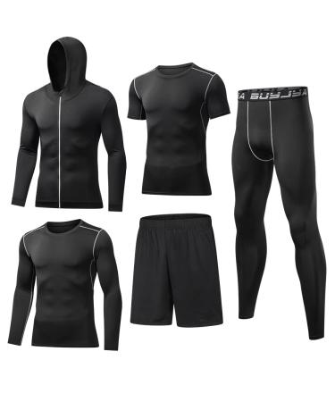 BUYJYA 5Pcs Men's Compression Pants Shirt Top Long Sleeve Jacket Athletic Sets Gym Clothing Mens Workout Valentine's Day gift Black Large