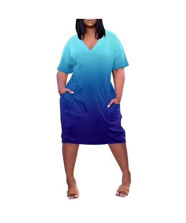 Fudule Plus Size Dress for Women Short Sleeve Dresses Summer Casual Dressy Outfits Dresses with Pockets Midi Dress L-5XL A-a-blue X-Large