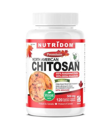 Nutridom Chitosan Supplement 500mg 95% Acetylated Chitin North American Source Non-GMO Gluten free Dairy free Soy free 120 Veggie Capsules