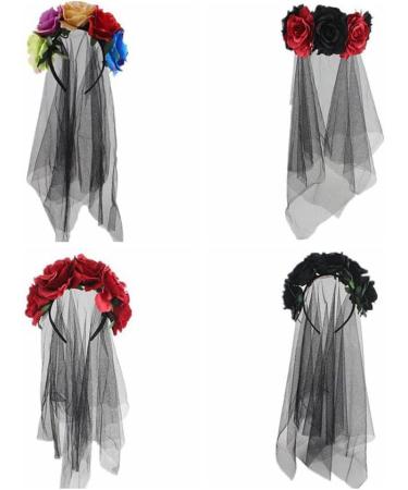 Day of The Dead Floral Crown Headband Halloween Gothic Flower Garland with Black Veil Hairband Cosplay Wedding Costume Rose Flower Headpiece for Women - Buy Online on GoSupps.com