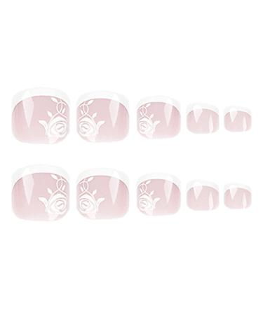 RODAKY Square French White Border Flower Toenail Art - 24Pcs Fake Nail Tips for Women - Buy Online on GoSupps.com