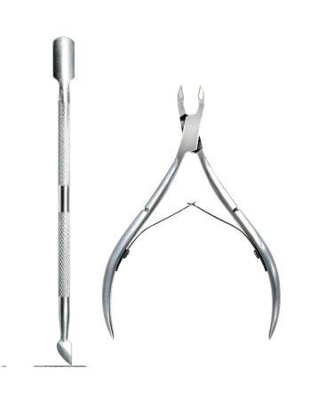 Professional Stainless Steel Double End Cuticle Pusher + Cuticle Nippers Duo Professional Manicure Pedicure Nail Cleaner Gel Polish Remover Prep Cutters Remove Dead Skin