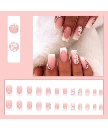 24Pcs French False Nails White Tip - Medium Square Fake Nails French Tip Press on Nails Pink Full Cover False Nails with Rhinestones & Flowers Designs for Women Girls (Flower Design) - Buy Online on GoSupps.com