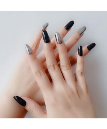 Buy Sethain Shiny Oval Press-On Nail Tips - Black & Silver Short Complete Cover 24 Pieces for Women & Girls | Best Quality & Style - Buy Online on GoSupps.com