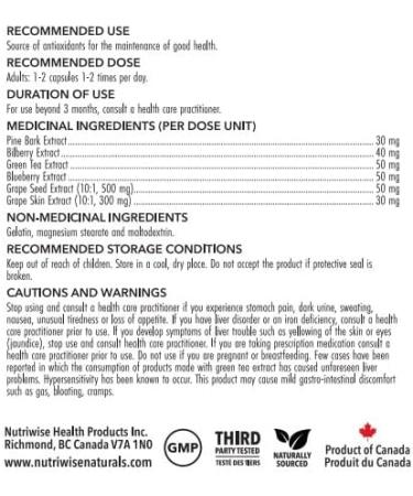 Nutriwise Grape Seed Plus OPC Antioxidants Formula 250mg 120 Capsules (Grape seed Grape Skin Blueberry Bilberry Pine Bark Green Tea) - Buy Online on GoSupps.com