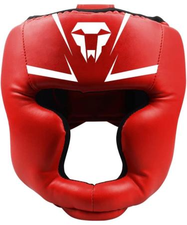 Langray boxing head protection for children adults leather boxing helmet Thai boxing facial protection high striking damping with perfect view and good welding for martial arts mma boxes kickboxing sparring l red red