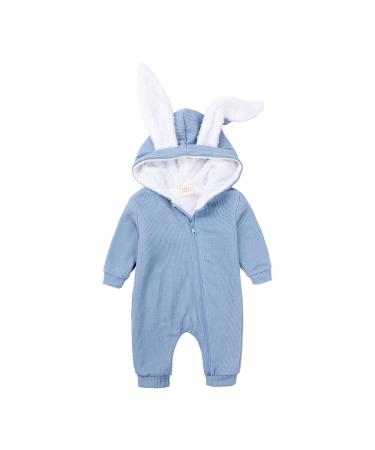 Kids Tales Newborn Baby Winter Warm Outfits Cute Rabbit Ear Hooded Zipper Romper 3-6 Months Blue Thick