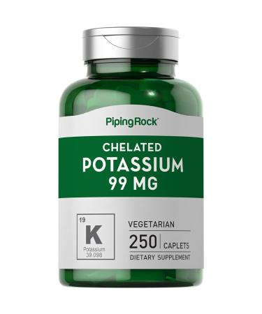 Chelated Potassium Supplement 99 mg | 250 Caplets | Potassium Gluconate | Vegetarian Non-GMO Gluten Free | by Piping Rock
