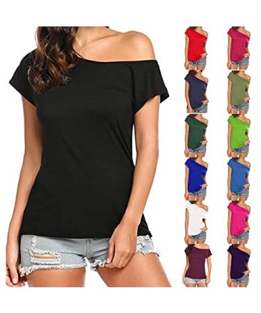 SUNYUAN Casual Loose Solid Color Womens T-Shirts Fashion One Shoulder Short Sleeve Blouses Summer Comfy Backless Tee Shirts Army Green Medium