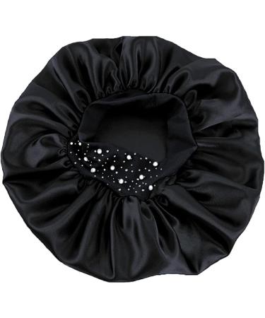 YeeMan Glittering Pearls & Rhinestones Satin Hair Bonnet - Black Wide Band Sleeping Cap - Buy Online on GoSupps.com