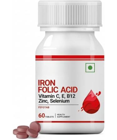 Iron Folic Acid Supplement with Vitamin C E B12 Zinc & Selenium for Men Women - 60 Tablets - Buy Online on GoSupps.com