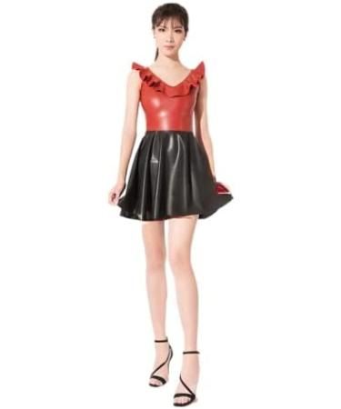 IDOBLO Latex Dress Woman Rubber Halter Neck Gather Waist Ruffle Skirt Red And Black X-Large XL Red And Black