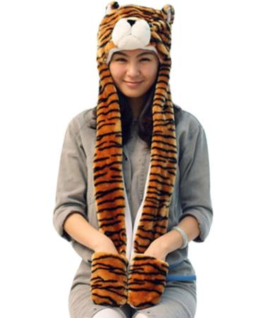 IBLUELOVER Kids Winter Hat Gloves Scarf Set - Brown Tiger Cartoon Animal Hooded 3-in-1 Faux Fur Party Hat & Gloves with Pockets - Buy Online on GoSupps.com