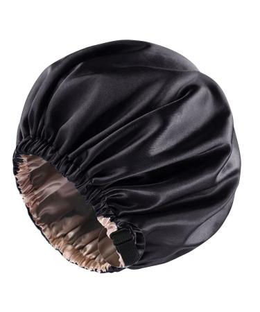 ANIEVIER Satin Bonnet Silk Bonnet for Sleeping Hair Bonnet for Women Double Layer Night Sleep Cap for Curly Natural Hair Black