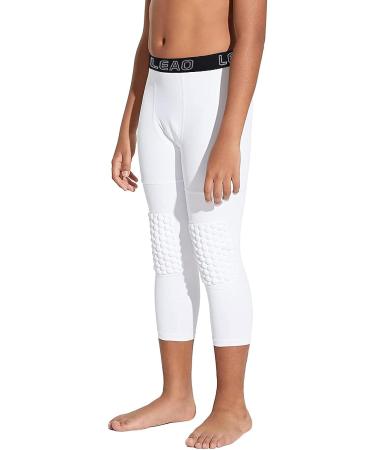 LEAO Youth Boys 3/4 Compression Pants with Knee Pads Cool Dry Basketball Tights Sports Capri Leggings White Small - Buy Online on GoSupps.com