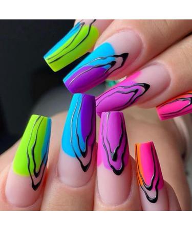 24Pcs Press on Nails Medium Fake Nails Acrylic Square False Nails Summer Reusable Artificial Nails for Women and Girls A