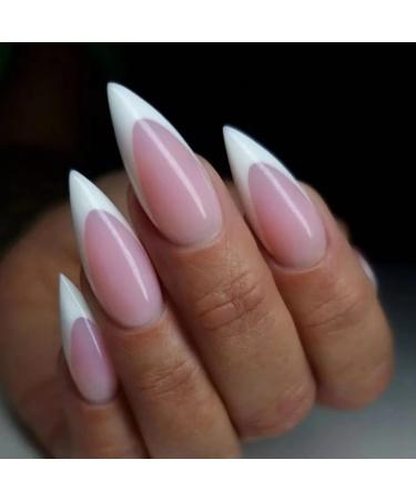 JUSTOTRY 24 Pcs Stiletto False Nails Short Pattern White French Press on Nails Nude Fake Nails Short with Nail Glue Trendy Almond Stick on Nails for Women Nails Fake Nail for Nails Art white1