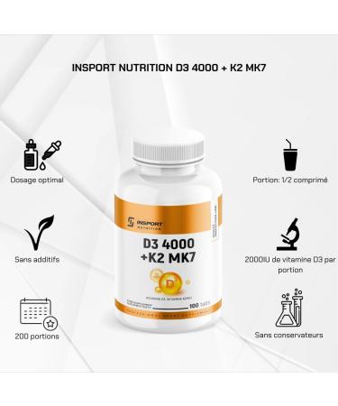 INSPORT Nutrition - Vitamin D3 4000IU + K2 MK-7 50mcg - Half a tablet per day - Health Protection Line - 100 Tablets (200 servings) - Buy Online on GoSupps.com