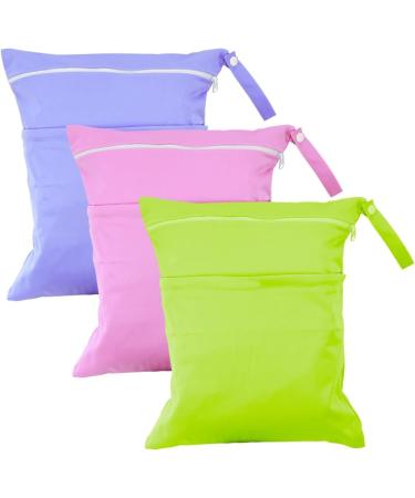 Wet Bag 3Pcs Reusable Nappy Changing Bag Waterproof Wet Dry Bags Washable Cloth Organiser Storage Bags with Double Zipper for Babies Daycare Swimming Camping Travel Gym Beach(Green Purple Red)