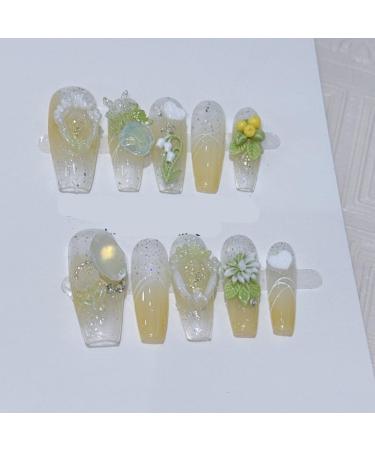 Fresh French Handmade Nail Polish and Artificial Nails with Three Dimensional Flowers(Color:Long Size:S)
