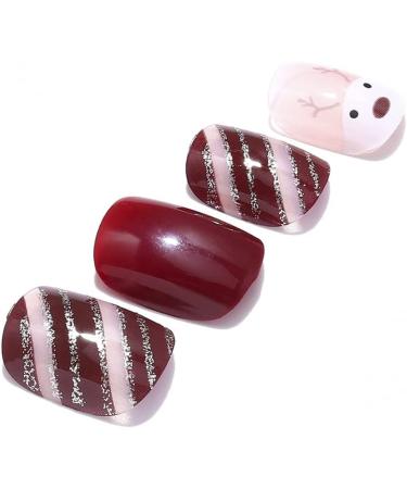 Brishow Christmas Snow Elk Press on Nails - Red Short Square Fake Nails for Women and Girls (24pcs) - Buy Online on GoSupps.com