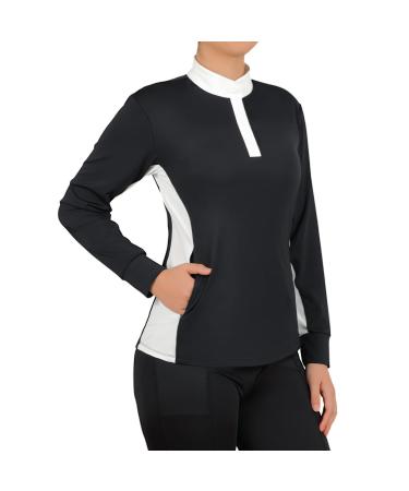 Women Long Sleeve Golf Shirts Equestrian Horse Riding Tops with Pockets Black Medium