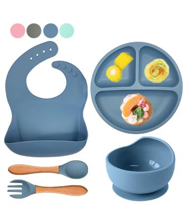 SilverStaar Baby Weaning Set Silicone Suction Plate Baby Suction Bowl Spoon Fork and Matching Bib - Super Detachable Suction Base Baby Feeding Set for Babies and Toddlers (Blue)
