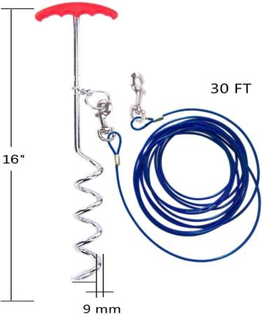 Dog Tie Out Cable and Stake 30ft Outside Dog Leash & Chain for Camping and Yard 16'' Heavy Duty Anti Rust Spiral Stake for Medium-Large Dogs Up to 125 lbs (30FT Blue) - Buy Online on GoSupps.com