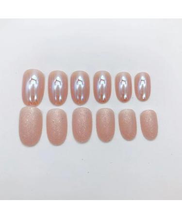 Almond Press on Nails - Short Round Chrome Gloss Fake Nails with Glitter - 24pcs Acrylic Artificial Stick On Nails for Women - Buy Online on GoSupps.com