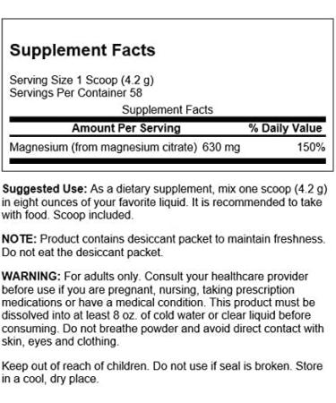 Swanson 100% Pure Magnesium Citrate Powder - 630mg Unflavored | 8.6 oz - Buy Online on GoSupps.com