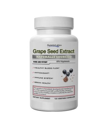 Superior Labs Grape Seed Extract 400mg 120 Vegetable Capsules 95% Polyphenols High Antioxidant Content Healthy Blood Flow Supports Immune System and Brain Health