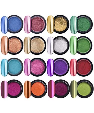 Lot de 16 pots de poudre pour ongles chrom s effet m tallique pour nail art manucure avec 16 b tonnets de fard paupi res