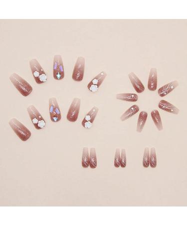 RikView Coffin Press on Nails: Long Pink Acrylic Nails with 3D Flowers - 24 PCS Glossy Fake Nails Set for Women - Buy Online on GoSupps.com