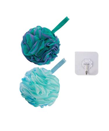 Ga-Geetopia Shower Bath Sponge - 2 Pack Shower Loofah Pouf Balls with Extra Wall Hook for Body Wash Bathroom Men Women Durable Body Scrubber Exfoliator Shower Essential Skin Care (Flower Color) B01-Flower Green