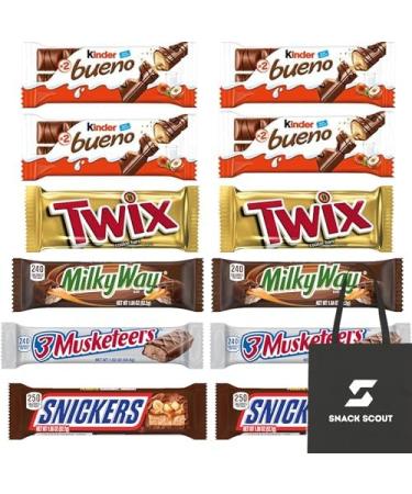 Mars & Kinder Ultimate American Full Size Chocolate Bar Variety Bundle With Snack Scout Lunch Tote Bag (12 Full Size Bars)