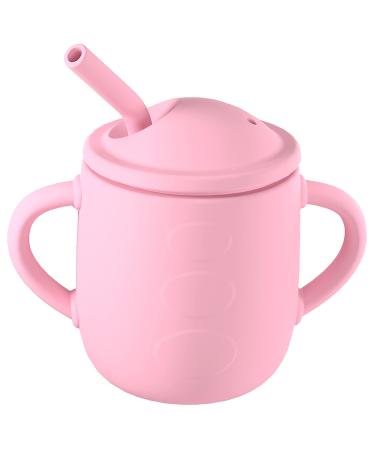 VOTSMOKK Silicone Training Cup for Baby Spill Proof Toddler Straw Sippy Cups with Handles Infants Open Cup 5oz 6 months+(Pink)
