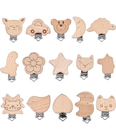 Wffeila 15 pieces pacifier clip baby pacifier clip wood pacifier chains clips metal wood pacifier clip accessories pacifier chains clips for baby and children