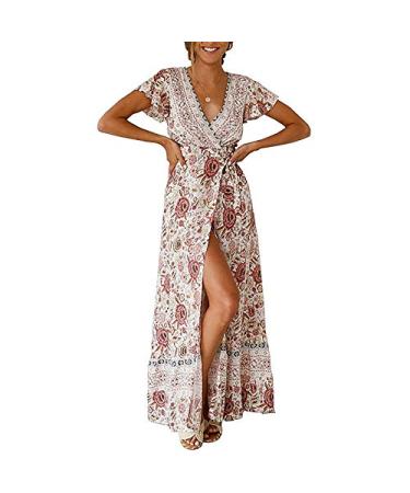 Women's Maxi Dresses Fashion Flower Print Split Long Dress Casual Short Sleeve V Neck Summer Vintage Sundress Plus Size X-Large White