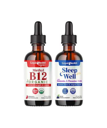 LIQUIDHEALTH Organic Methyl B12 5000mcg Vitamin Drops with Tart Cherry Juice & Sleep Well Melatonin Sleep Aid Drops - Boost Natural Energy Focus Concentration Promote Relaxation Improve Sleep
