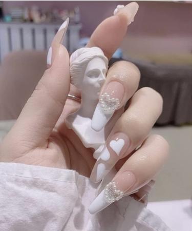 AHUADA Long Coffin Press on Nails: 24PCS White Splicing Acrylic Glue on Nails, Stick on Nails, Fake Nails with Butterfly Rhinestones, Full Cover False Nails Artificial Nail Tips for Women Girls 206