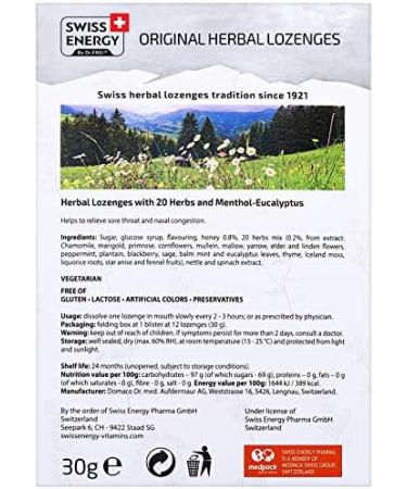 Swiss Energy Eucalyptus & Menthol 20 Alpine Herbs original herbal lozenges (12 lozenges) - Buy Online on GoSupps.com