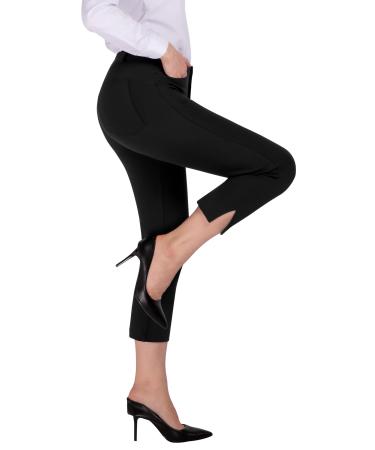 PUWEER Capri Pants for Women Dressy Business Casual Stretchy Slim Straight Womens Dress Pants with Pockets Black Large