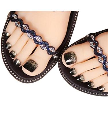 24 pieces black shimmer decoration false toenails full cover French 3d fake toes nails for foot nail (black gold) black and gold